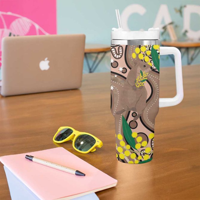 Australia Cute Quokka Indigenous Art With Golden Wattle Custom Stanley Quencher 40Oz Stainless Steel Tumbler With Handle - Image 5