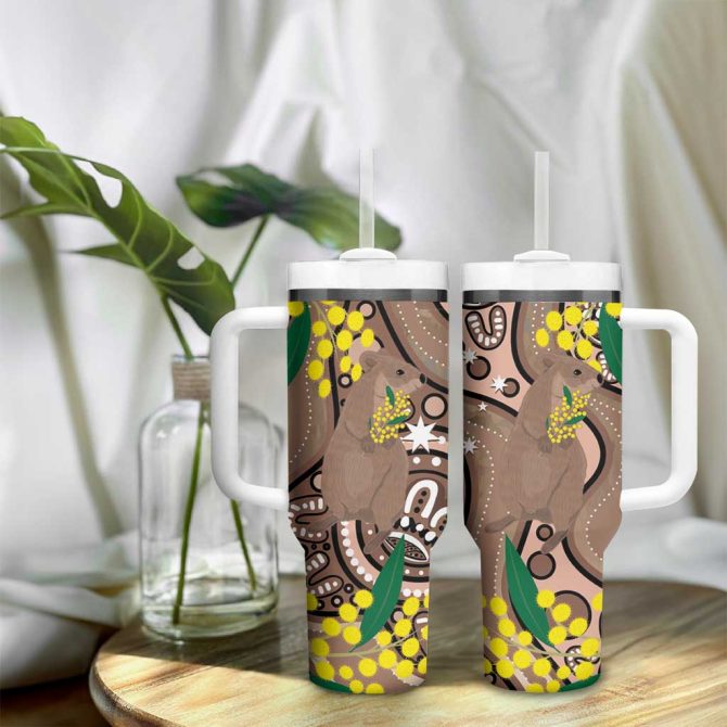 Australia Cute Quokka Indigenous Art With Golden Wattle Custom Stanley Quencher 40Oz Stainless Steel Tumbler With Handle - Image 9