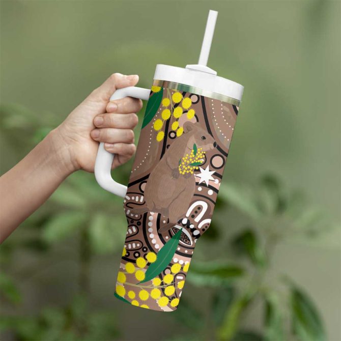 Australia Cute Quokka Indigenous Art With Golden Wattle Custom Stanley Quencher 40Oz Stainless Steel Tumbler With Handle - Image 4