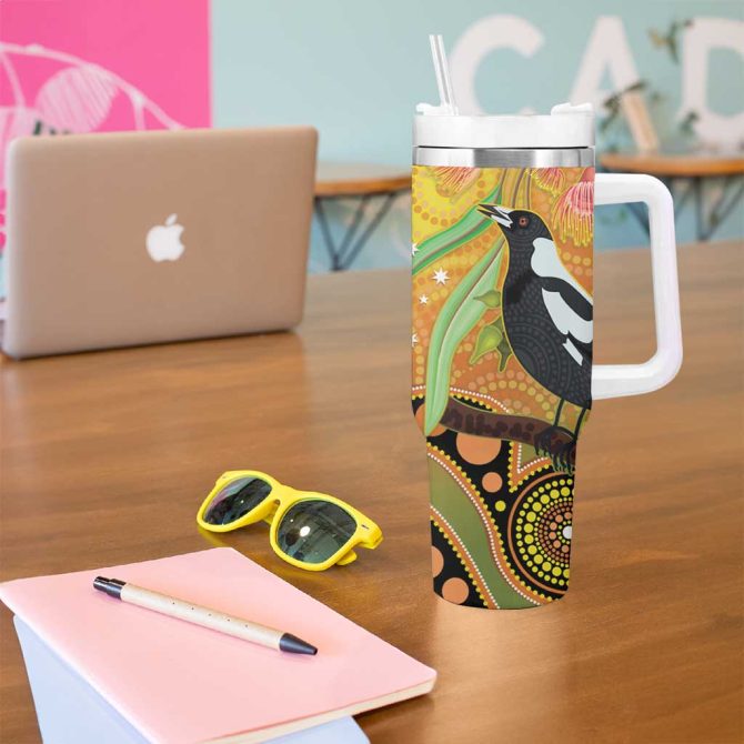 Australia Eucalyptus Flower And Magpie Aboriginal Art Custom Stanley Quencher 40Oz Stainless Steel Tumbler With Handle - Image 5