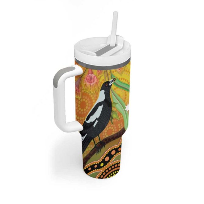 Australia Eucalyptus Flower And Magpie Aboriginal Art Custom Stanley Quencher 40Oz Stainless Steel Tumbler With Handle - Image 3