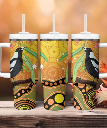Australia Eucalyptus Flower And Magpie Aboriginal Art Custom Stanley Quencher 40Oz Stainless Steel Tumbler With Handle