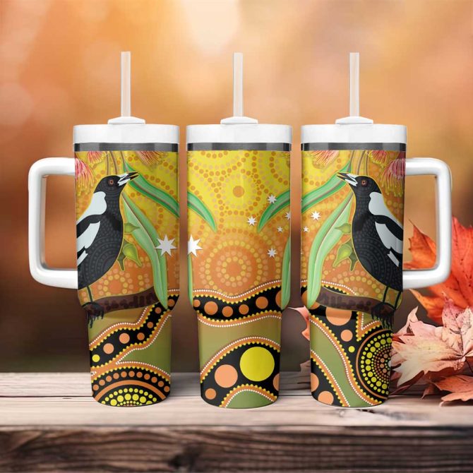 Australia Eucalyptus Flower And Magpie Aboriginal Art Custom Stanley Quencher 40Oz Stainless Steel Tumbler With Handle