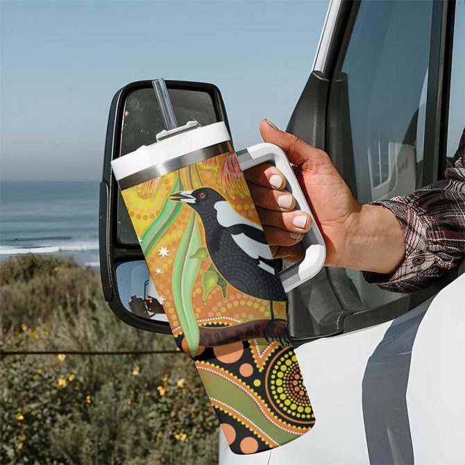 Australia Eucalyptus Flower And Magpie Aboriginal Art Custom Stanley Quencher 40Oz Stainless Steel Tumbler With Handle - Image 7