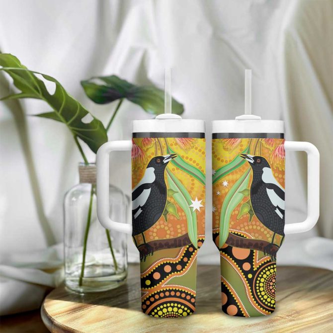 Australia Eucalyptus Flower And Magpie Aboriginal Art Custom Stanley Quencher 40Oz Stainless Steel Tumbler With Handle - Image 9