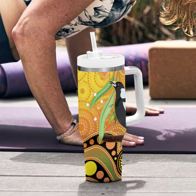Australia Eucalyptus Flower And Magpie Aboriginal Art Custom Stanley Quencher 40Oz Stainless Steel Tumbler With Handle - Image 6