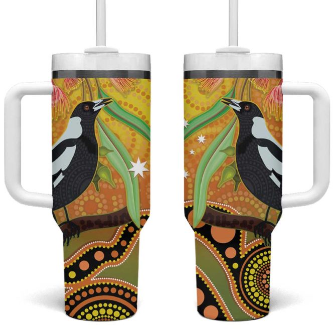 Australia Eucalyptus Flower And Magpie Aboriginal Art Custom Stanley Quencher 40Oz Stainless Steel Tumbler With Handle - Image 2