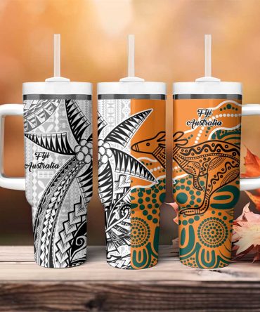 Australia-Fiji Palm And Kangaroo Polynesia Tapa Mixed Indigenous Aboriginal Custom Stanley Quencher 40Oz Stainless Steel Tumbler With Handle