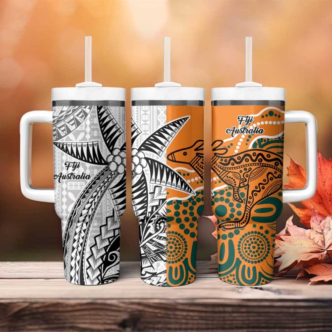 Australia-Fiji Palm And Kangaroo Polynesia Tapa Mixed Indigenous Aboriginal Custom Stanley Quencher 40Oz Stainless Steel Tumbler With Handle