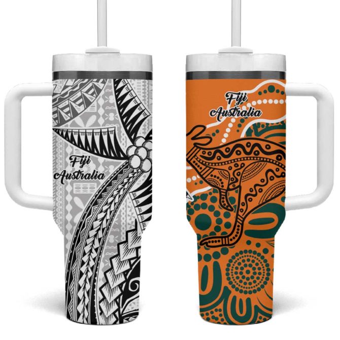 Australia-Fiji Palm And Kangaroo Polynesia Tapa Mixed Indigenous Aboriginal Custom Stanley Quencher 40Oz Stainless Steel Tumbler With Handle - Image 2