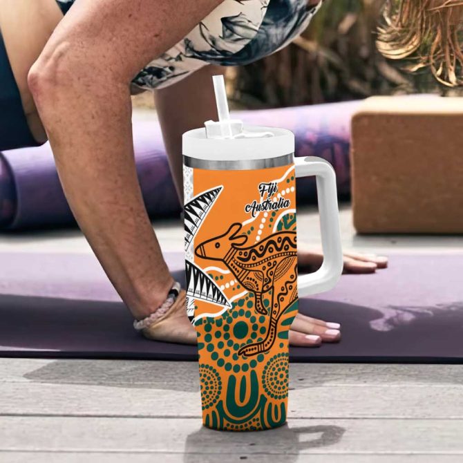Australia-Fiji Palm And Kangaroo Polynesia Tapa Mixed Indigenous Aboriginal Custom Stanley Quencher 40Oz Stainless Steel Tumbler With Handle - Image 6
