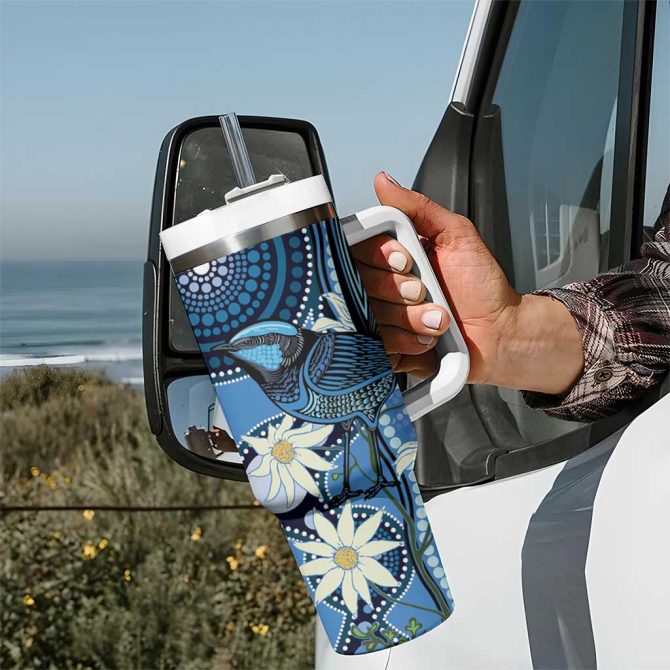 Australia Flannel Flower With Superb Fairy-Wren Aboriginal Art Custom Stanley Quencher 40Oz Stainless Steel Tumbler With Handle - Image 7
