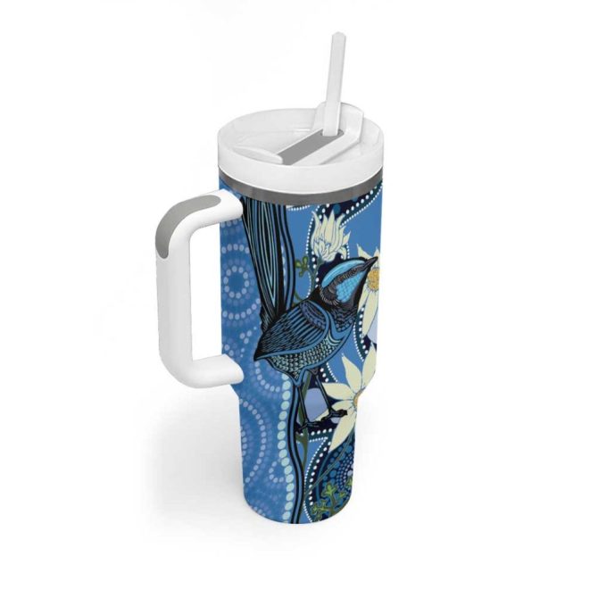 Australia Flannel Flower With Superb Fairy-Wren Aboriginal Art Custom Stanley Quencher 40Oz Stainless Steel Tumbler With Handle - Image 3