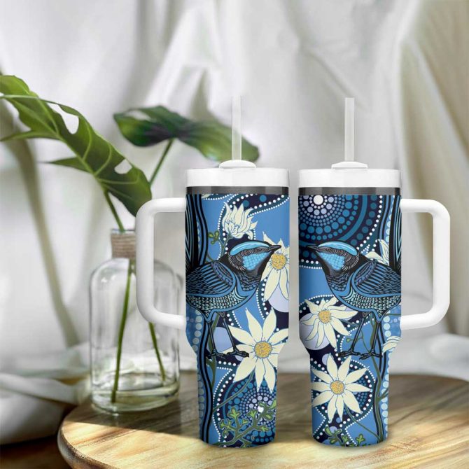 Australia Flannel Flower With Superb Fairy-Wren Aboriginal Art Custom Stanley Quencher 40Oz Stainless Steel Tumbler With Handle - Image 9