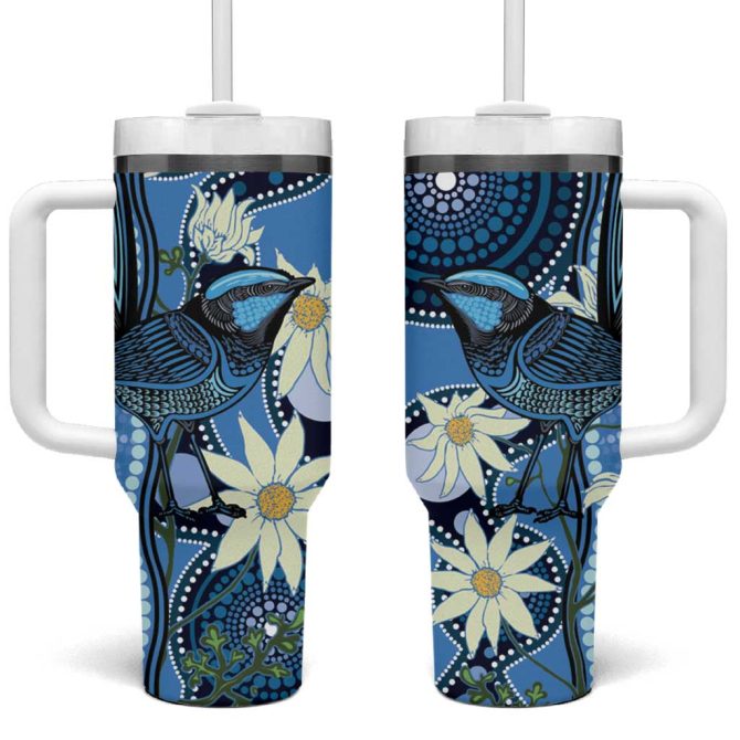 Australia Flannel Flower With Superb Fairy-Wren Aboriginal Art Custom Stanley Quencher 40Oz Stainless Steel Tumbler With Handle - Image 2