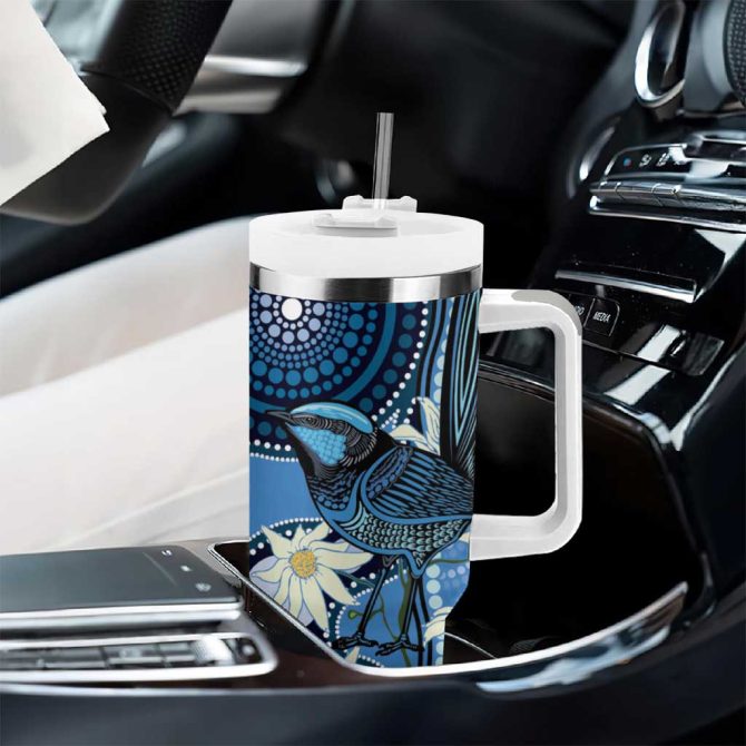 Australia Flannel Flower With Superb Fairy-Wren Aboriginal Art Custom Stanley Quencher 40Oz Stainless Steel Tumbler With Handle - Image 8