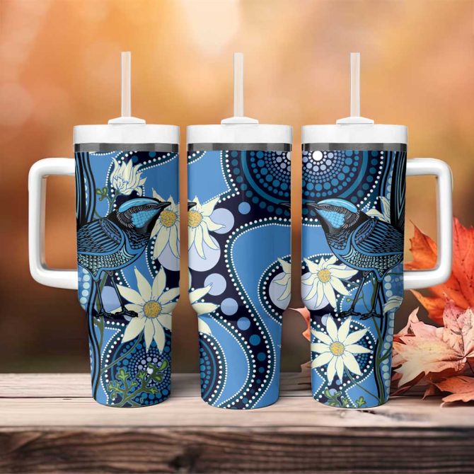 Australia Flannel Flower With Superb Fairy-Wren Aboriginal Art Custom Stanley Quencher 40Oz Stainless Steel Tumbler With Handle