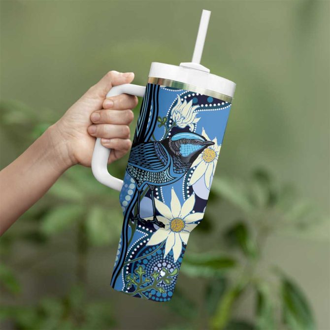 Australia Flannel Flower With Superb Fairy-Wren Aboriginal Art Custom Stanley Quencher 40Oz Stainless Steel Tumbler With Handle - Image 4