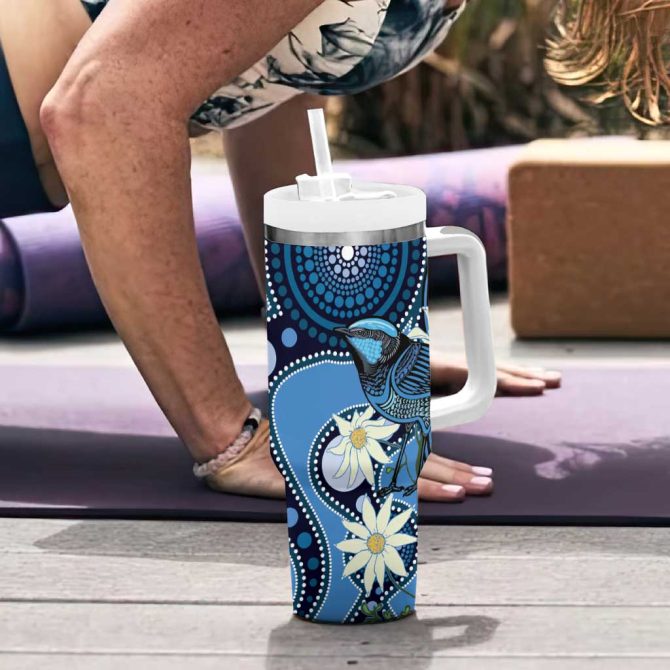 Australia Flannel Flower With Superb Fairy-Wren Aboriginal Art Custom Stanley Quencher 40Oz Stainless Steel Tumbler With Handle - Image 6