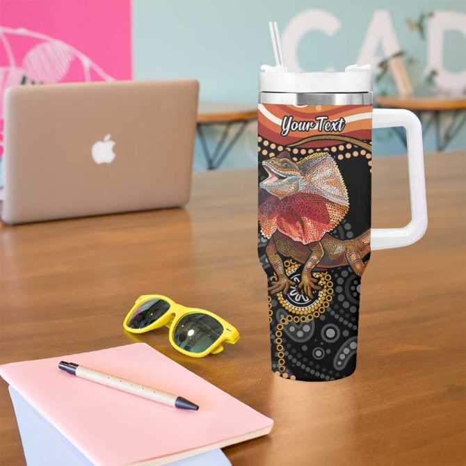 Australia Frilled Lizard Aboriginal Art Custom Stanley Quencher 40Oz Stainless Steel Tumbler With Handle - Image 5