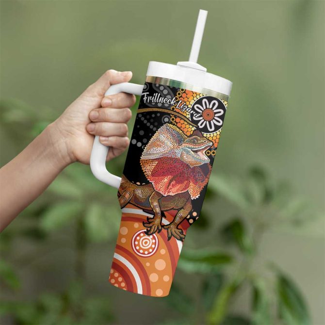 Australia Frilled Lizard Aboriginal Art Custom Stanley Quencher 40Oz Stainless Steel Tumbler With Handle - Image 4