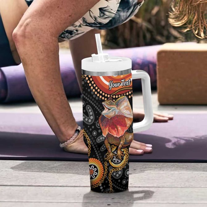 Australia Frilled Lizard Aboriginal Art Custom Stanley Quencher 40Oz Stainless Steel Tumbler With Handle - Image 6