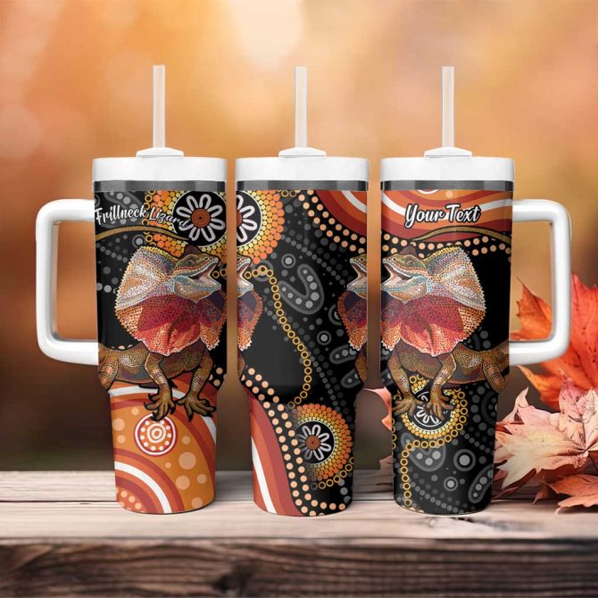 Australia Frilled Lizard Aboriginal Art Custom Stanley Quencher 40Oz Stainless Steel Tumbler With Handle