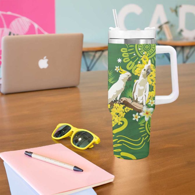 Australia Golden Wattle With Cacatua Galerita Aboriginal Art Custom Stanley Quencher 40Oz Stainless Steel Tumbler With Handle - Image 5