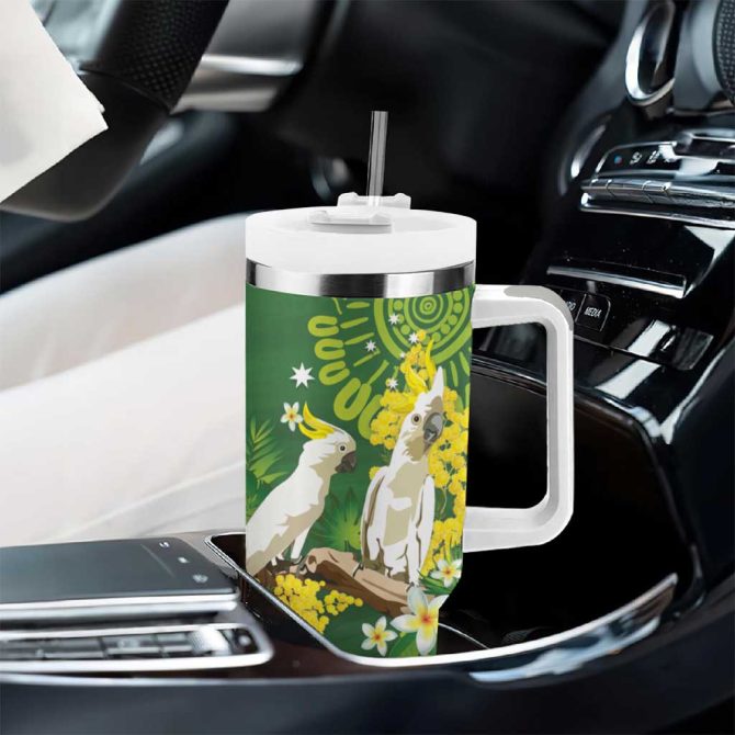 Australia Golden Wattle With Cacatua Galerita Aboriginal Art Custom Stanley Quencher 40Oz Stainless Steel Tumbler With Handle - Image 8