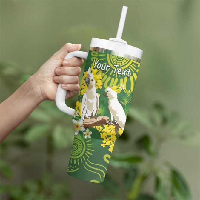 Australia Golden Wattle With Cacatua Galerita Aboriginal Art Custom Stanley Quencher 40Oz Stainless Steel Tumbler With Handle - Image 4