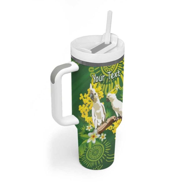 Australia Golden Wattle With Cacatua Galerita Aboriginal Art Custom Stanley Quencher 40Oz Stainless Steel Tumbler With Handle - Image 3