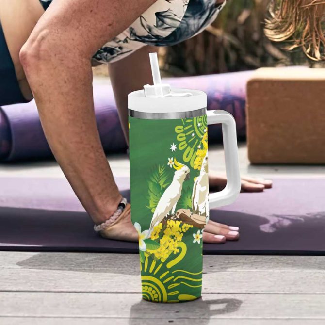 Australia Golden Wattle With Cacatua Galerita Aboriginal Art Custom Stanley Quencher 40Oz Stainless Steel Tumbler With Handle - Image 6