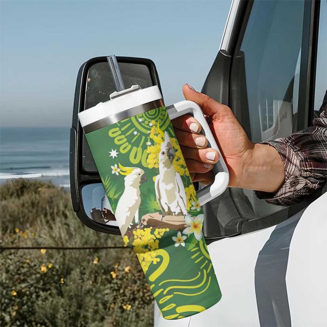 Australia Golden Wattle With Cacatua Galerita Aboriginal Art Custom Stanley Quencher 40Oz Stainless Steel Tumbler With Handle - Image 7