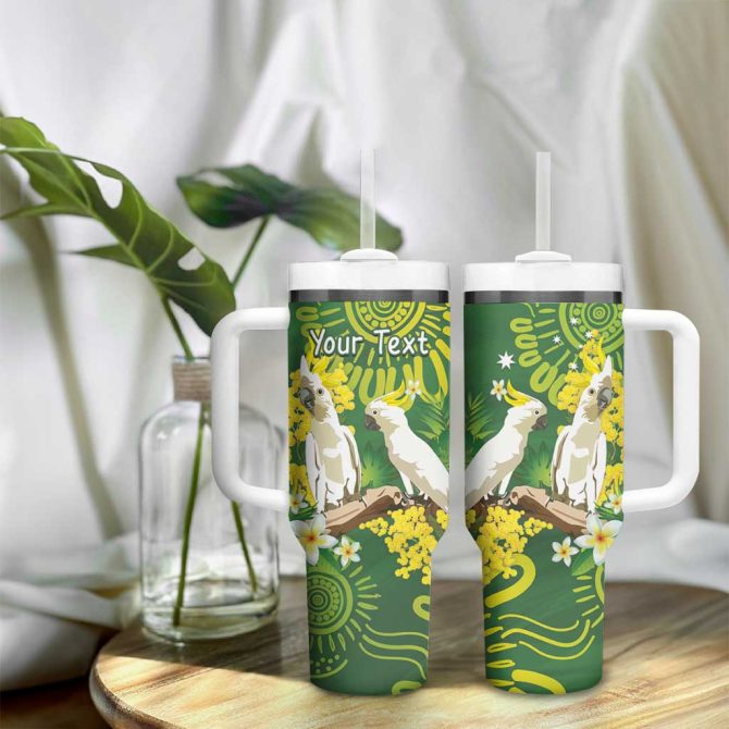 Australia Golden Wattle With Cacatua Galerita Aboriginal Art Custom Stanley Quencher 40Oz Stainless Steel Tumbler With Handle - Image 9