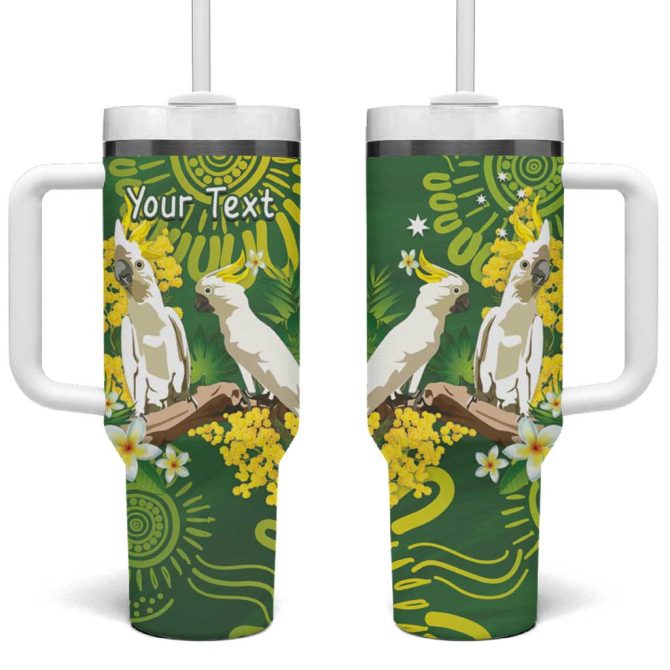 Australia Golden Wattle With Cacatua Galerita Aboriginal Art Custom Stanley Quencher 40Oz Stainless Steel Tumbler With Handle - Image 2