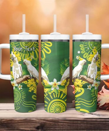 Australia Golden Wattle With Cacatua Galerita Aboriginal Art Custom Stanley Quencher 40Oz Stainless Steel Tumbler With Handle