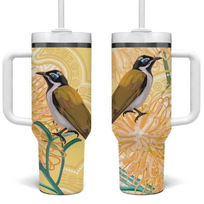 Australia Grevillea And Honeyeaters Aboriginal Art #8211; Watercolor Style Custom Stanley Quencher 40Oz Stainless Steel Tumbler With Handle - Image 2