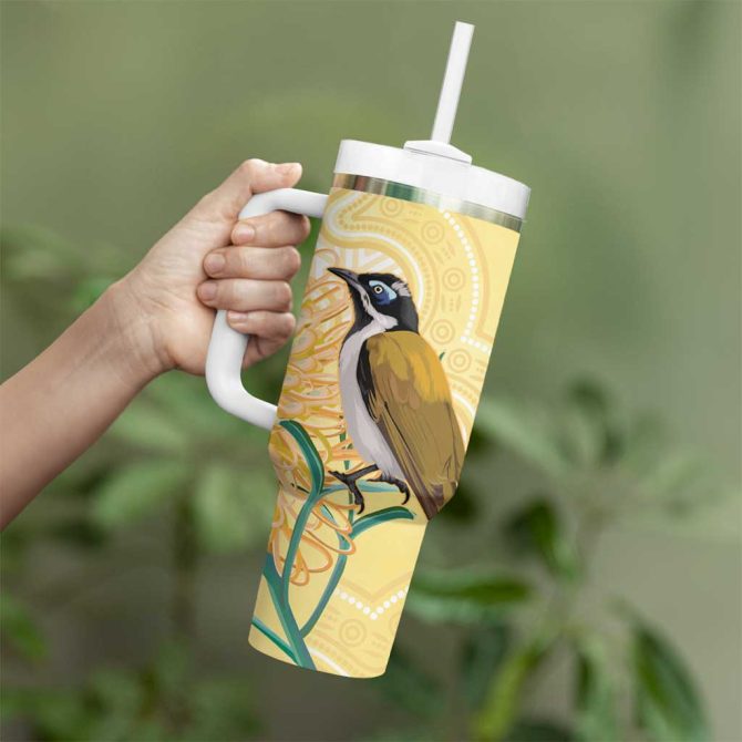Australia Grevillea And Honeyeaters Aboriginal Art #8211; Watercolor Style Custom Stanley Quencher 40Oz Stainless Steel Tumbler With Handle - Image 4