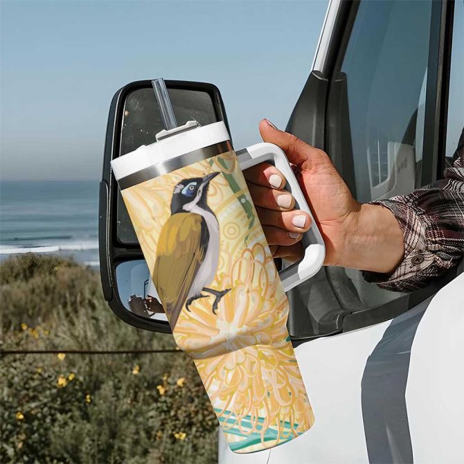 Australia Grevillea And Honeyeaters Aboriginal Art #8211; Watercolor Style Custom Stanley Quencher 40Oz Stainless Steel Tumbler With Handle - Image 7