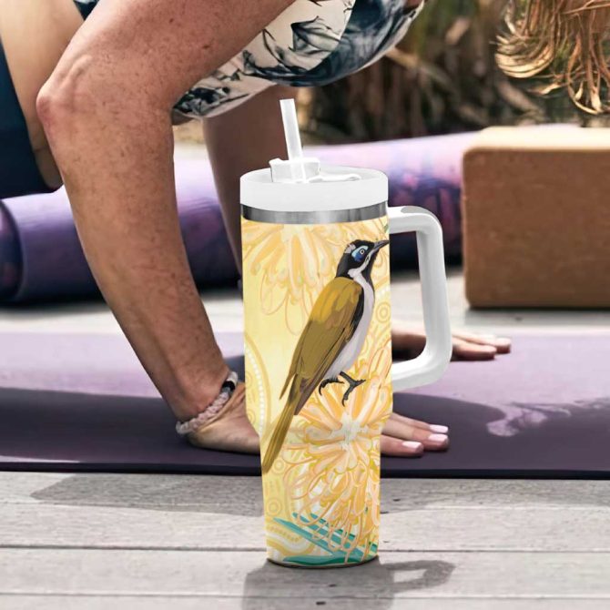 Australia Grevillea And Honeyeaters Aboriginal Art #8211; Watercolor Style Custom Stanley Quencher 40Oz Stainless Steel Tumbler With Handle - Image 6