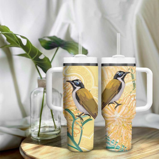 Australia Grevillea And Honeyeaters Aboriginal Art #8211; Watercolor Style Custom Stanley Quencher 40Oz Stainless Steel Tumbler With Handle - Image 9
