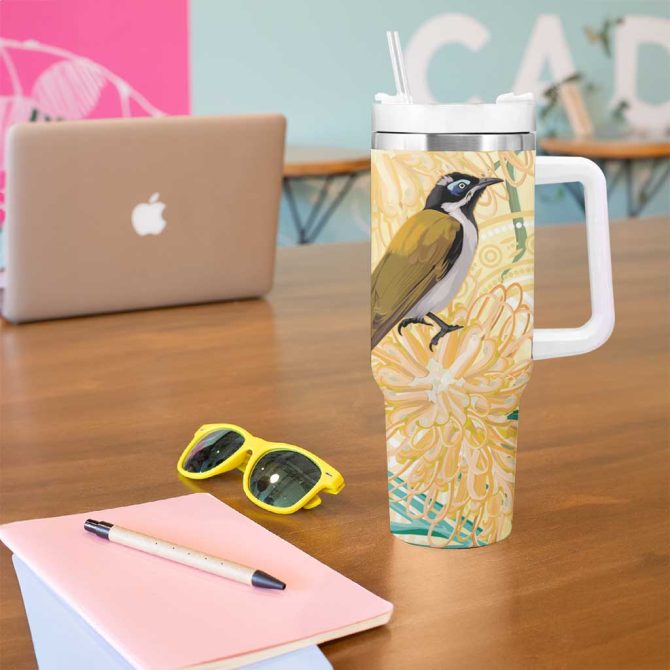 Australia Grevillea And Honeyeaters Aboriginal Art #8211; Watercolor Style Custom Stanley Quencher 40Oz Stainless Steel Tumbler With Handle - Image 5