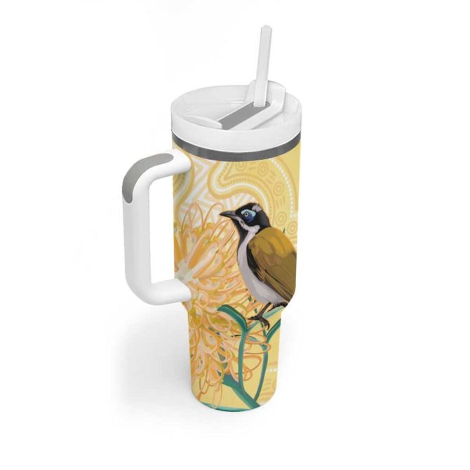 Australia Grevillea And Honeyeaters Aboriginal Art #8211; Watercolor Style Custom Stanley Quencher 40Oz Stainless Steel Tumbler With Handle - Image 3