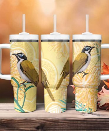 Australia Grevillea And Honeyeaters Aboriginal Art #8211; Watercolor Style Custom Stanley Quencher 40Oz Stainless Steel Tumbler With Handle