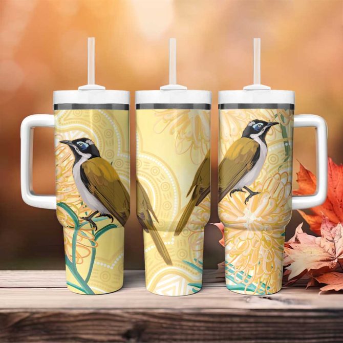 Australia Grevillea And Honeyeaters Aboriginal Art #8211; Watercolor Style Custom Stanley Quencher 40Oz Stainless Steel Tumbler With Handle