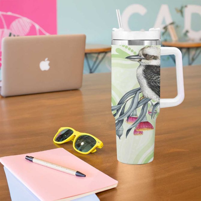 Australia Gumtree And Kookaburra Aboriginal Art #8211; Watercolor Style Custom Stanley Quencher 40Oz Stainless Steel Tumbler With Handle - Image 5