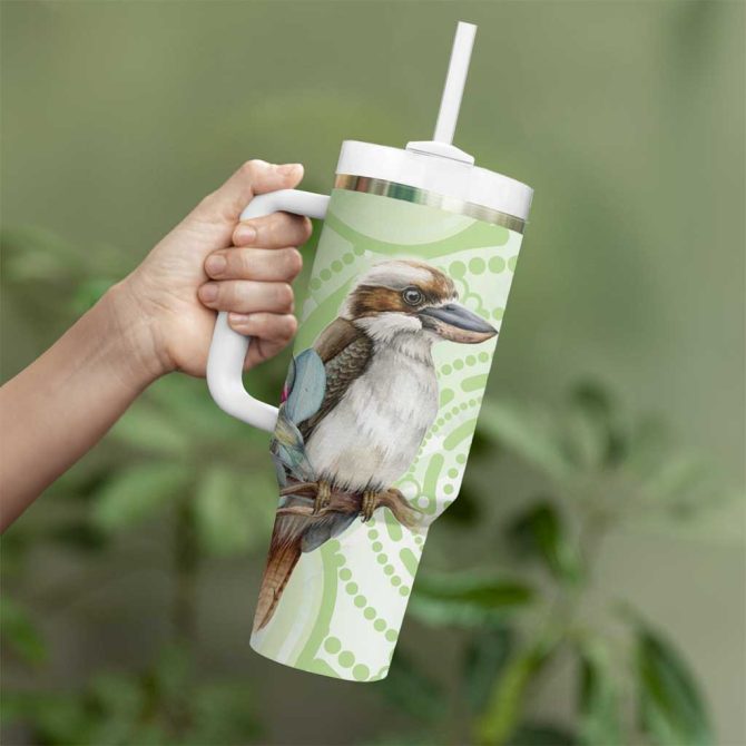 Australia Gumtree And Kookaburra Aboriginal Art #8211; Watercolor Style Custom Stanley Quencher 40Oz Stainless Steel Tumbler With Handle - Image 4