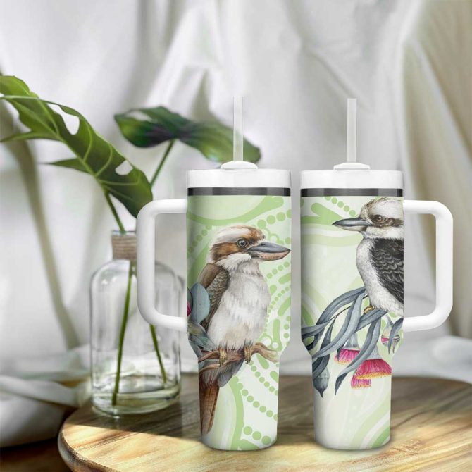 Australia Gumtree And Kookaburra Aboriginal Art #8211; Watercolor Style Custom Stanley Quencher 40Oz Stainless Steel Tumbler With Handle - Image 9