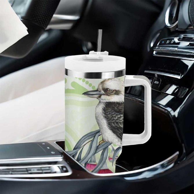 Australia Gumtree And Kookaburra Aboriginal Art #8211; Watercolor Style Custom Stanley Quencher 40Oz Stainless Steel Tumbler With Handle - Image 8