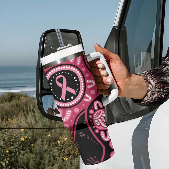 Australia Indigenous Breast Cancer Black Aboriginal Butterfly Custom Stanley Quencher 40Oz Stainless Steel Tumbler With Handle - Image 7